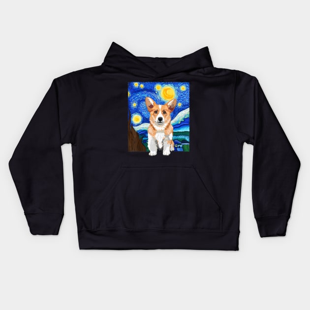 Corgi Dog Lover Starry Night Dog Corgi van gogh Kids Hoodie by Mitsue Kersting